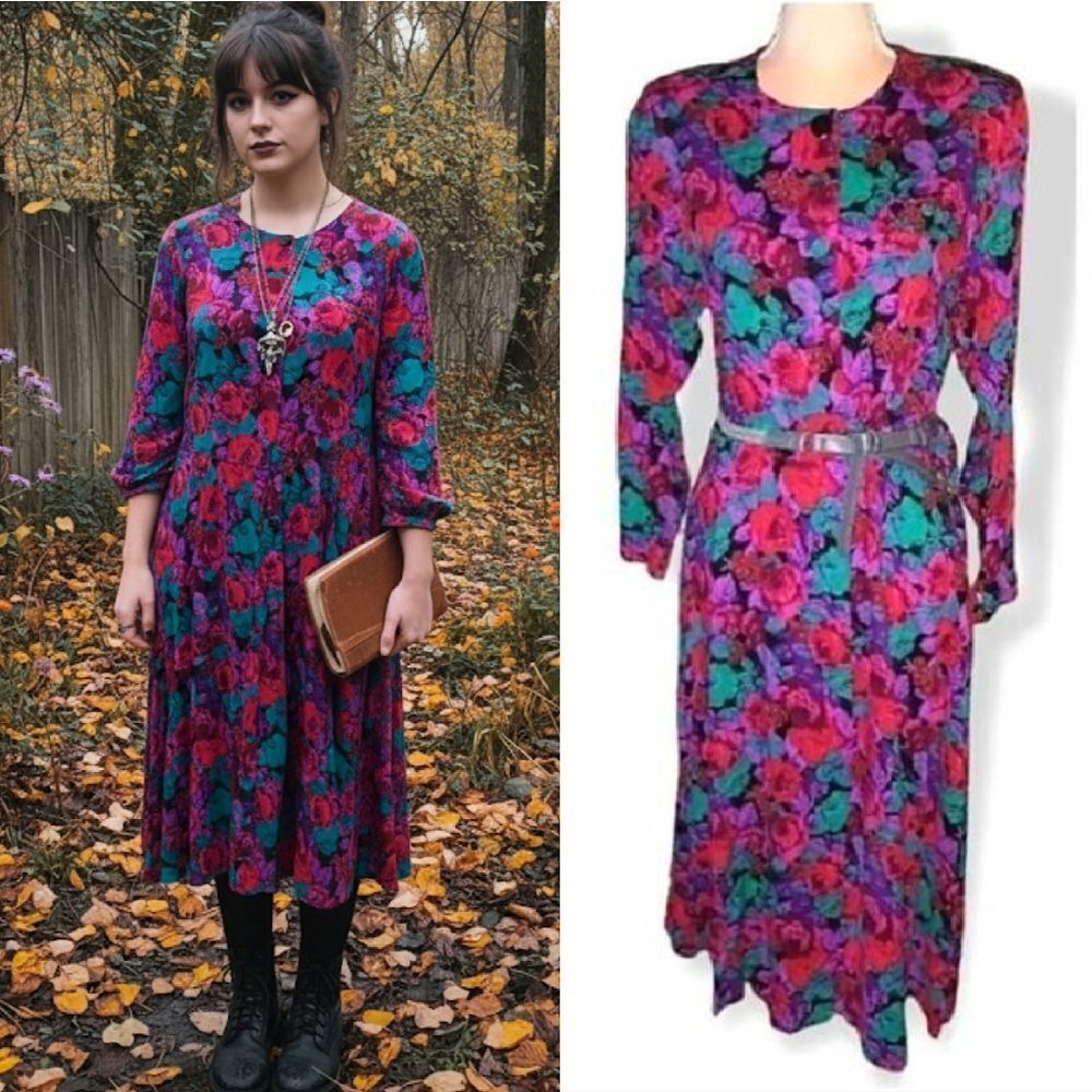 VTG 90s Colorful Floral Black Button Up Long Sleeve Dress SZ 10 *Fits Small‎